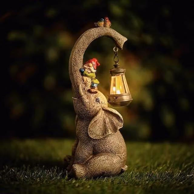 Marco Paul Large Elephant Garden Ornament with Solar Lantern in Grey
