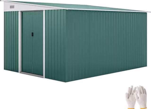 Outsunny Green Metal Lean-to Pent Shed with 2 Sliding Doors and 2 Air Vents – 1