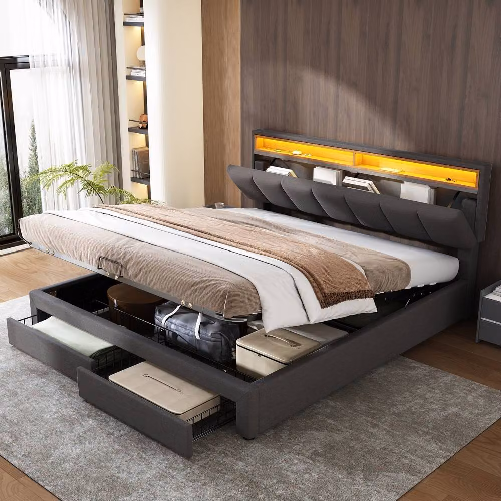 Rolipo Grey Linen Upholstered King Size Bed with LED Headboard, Bedside Shelf and Lift-Up Storage, W/D/H: 180 x 200 cm – 4