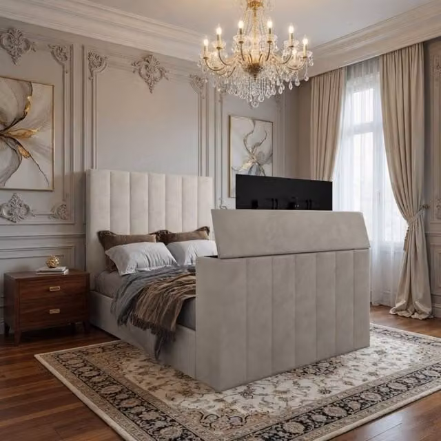 KDMD Argyll Bespoke Upholstered Velvet Bed Frame in Light Sand, Super King, W/D/H: 200 x 152 x 189 cm – 1