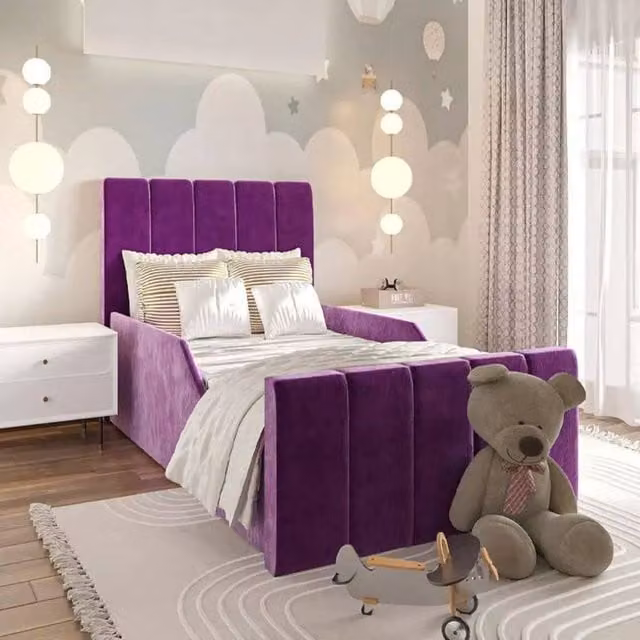Stratus Interiors Leo Children's Single Bed Frame with Gas Lift Storage, Purple Velvet Upholstered Design, W/D/H: 90 x 200 cm