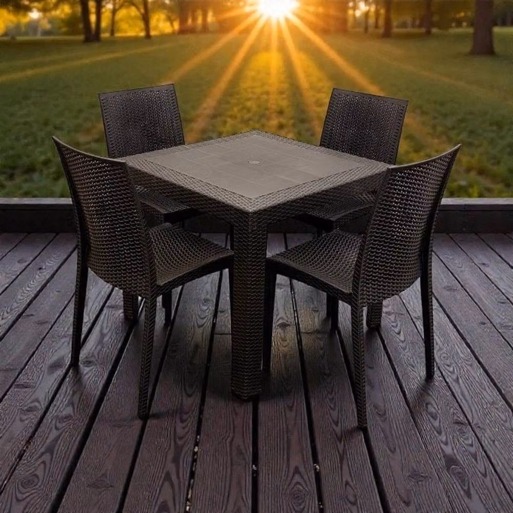 NESTLUNE Black Polyrattan Garden Furniture Set with Square Table and 4 Chairs – 2