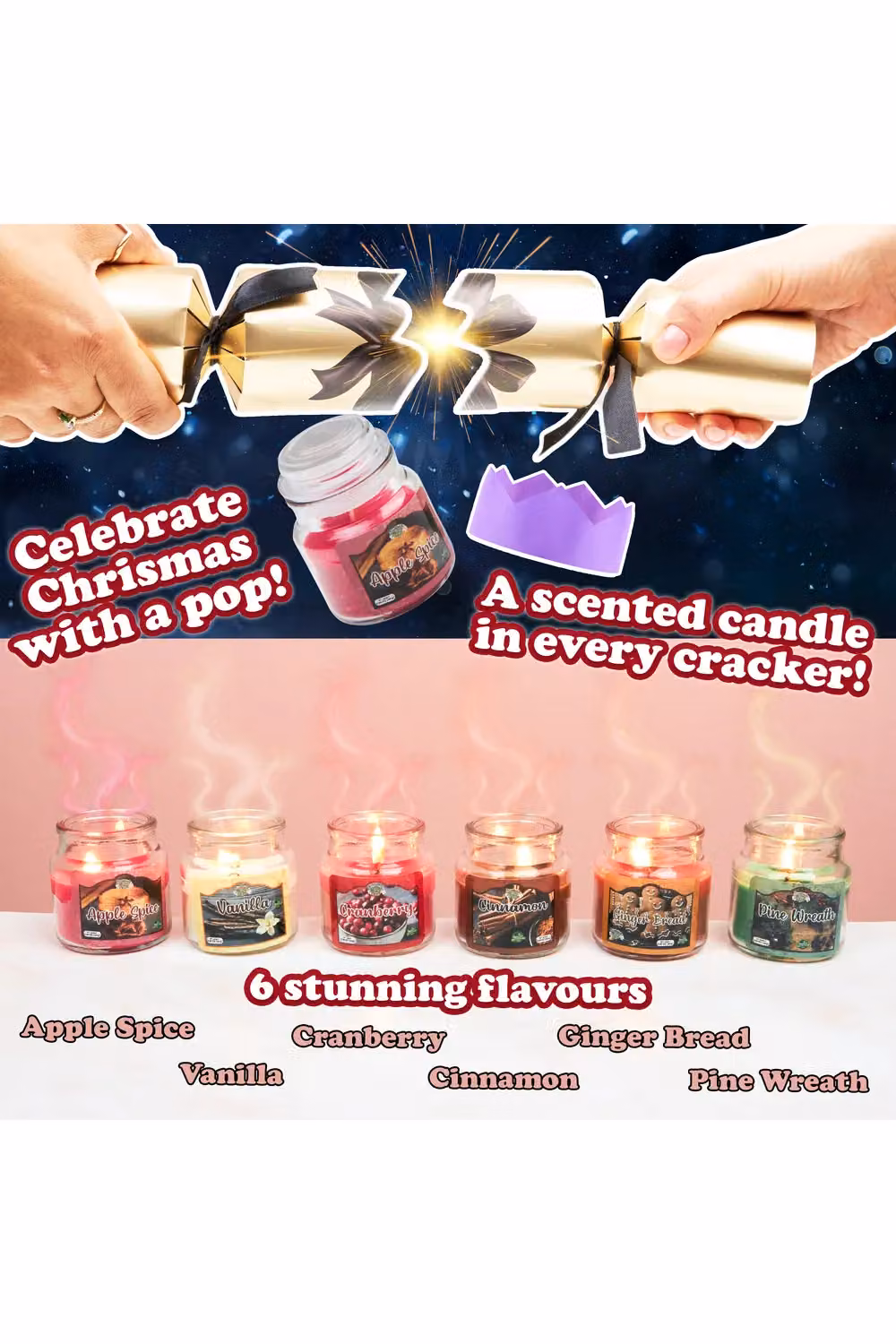 KreativeKraft Luxury Christmas Crackers, Pack of 6 Gold Glass and Multicolour Festive Party Crackers with Mini Scented Candles – 9