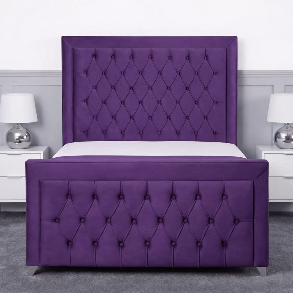 Living Comfort Bedz Ember Plush Velvet Upholstered Super King Bed with Slatted Base and 48 Inch Headboard in Purple, W/D/H: 200 x 200 cm – 2
