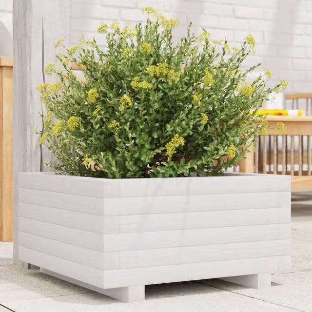 Berkfield Home White Solid Wood Pine Garden Planter Tub W: 50 cm, D: 50 cm, H: 26.5 cm – 1