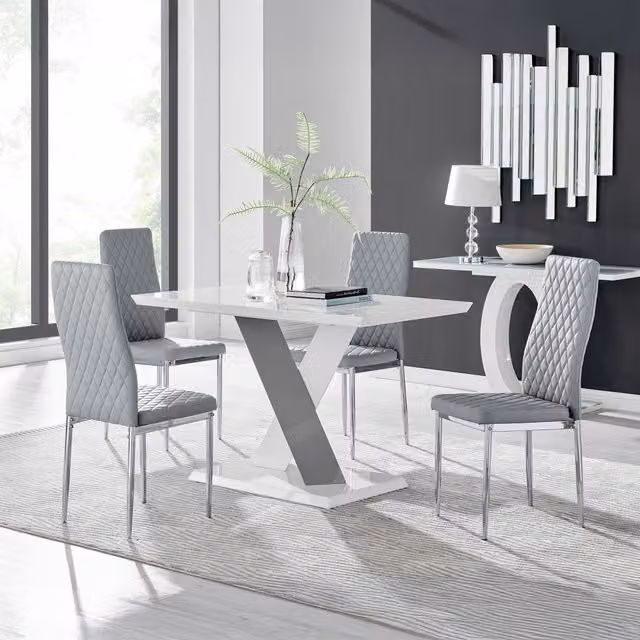 FurnitureboxUK Monza White High Gloss Rectangular Dining Table with 4 Milan Grey Chairs and Chrome Legs