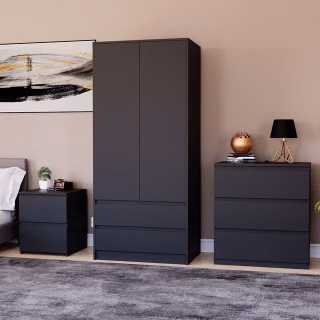 Vida Designs Denver Modern Black Bedroom Set with Wardrobe, 3-Drawer Chest and 2 Bedside Tables