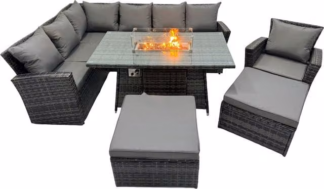 Fimous Poly Rattan Outdoor Corner Sofa Set with Fire Pit Table and 2 Stools in Dark Grey Mixed