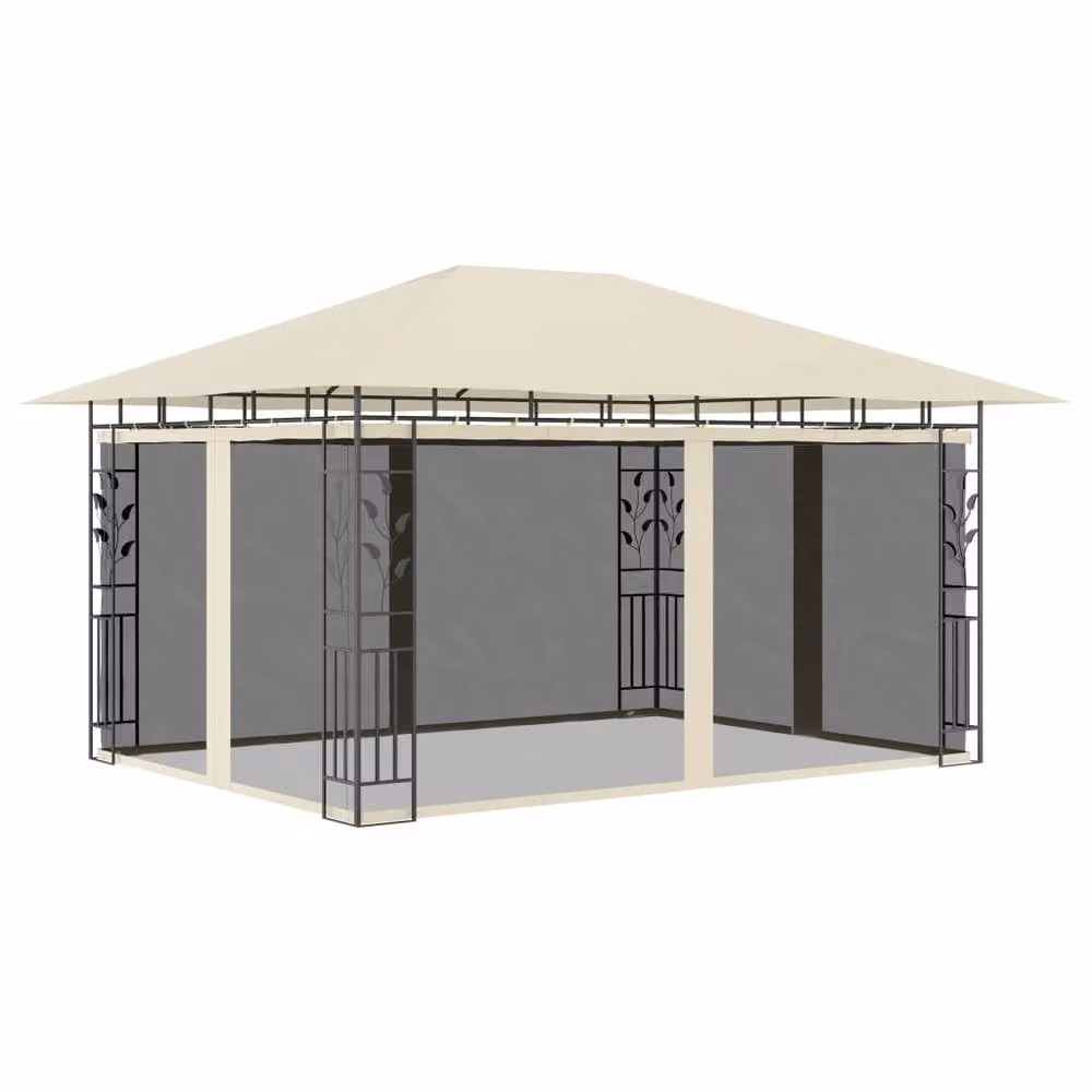 Berkfield Home Gazebo with Mosquito Net and LED String Lights, Beige, W: 400 cm, D: 300 cm, H: 273 cm – 3