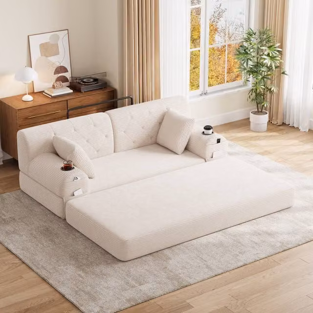 BTM 2 Seater Corduroy Sleeper Sofa with Cup Holders and Side Pockets, Beige, W/D/H: 168 x 80 x 81 cm