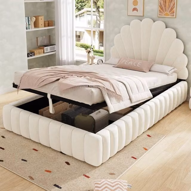Merax Princess Single Velvet Ottoman Storage Bed with Shell Headboard, Beige, W/D/H: 90 x 190 x 136 cm