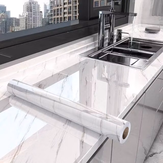 NESTLUNE White Marble Vinyl Film Self Adhesive Waterproof Furniture Sticker, W: 100 cm, H: 15 cm