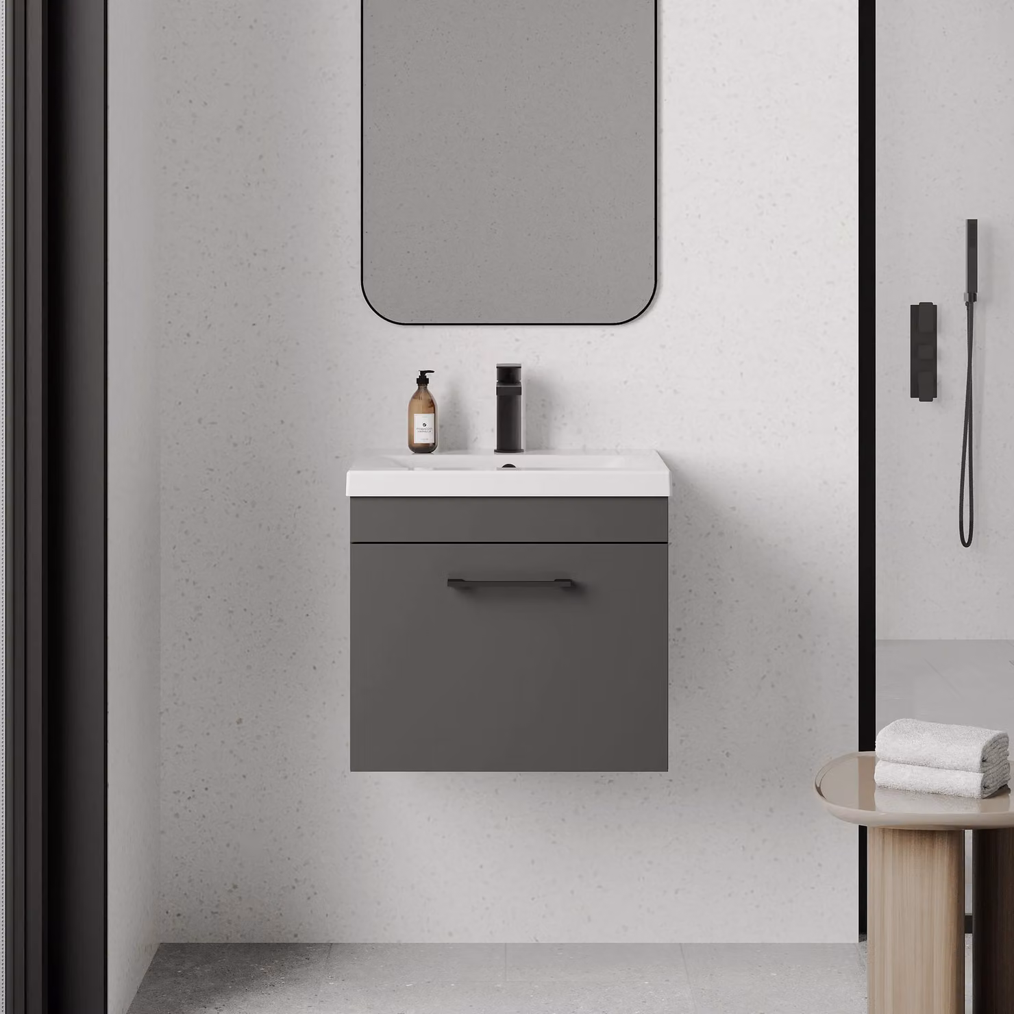 Balterley Grey Matt Wall Hung 1 Drawer Bathroom Vanity Basin Unit with D-shaped Handle, Width: 50 cm – 2