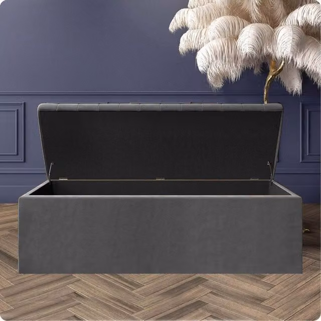 R&M Furnishers Steel Grey Striped Plush Velvet Upholstered Blanket Chest and End of Bed Bench