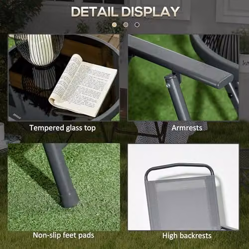Outsunny 3-Piece Foldable Garden Bistro Set with Round Glass Table and Chairs in Grey – 4