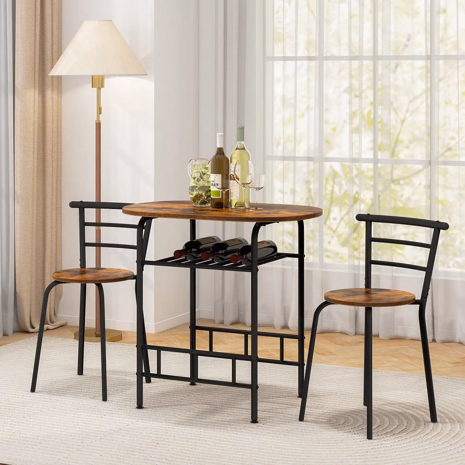 Gymax 3 Piece Brown Wood Grain Dining Table and Chairs Set with Oval MDF Laminate Table and Metal Legs – 4