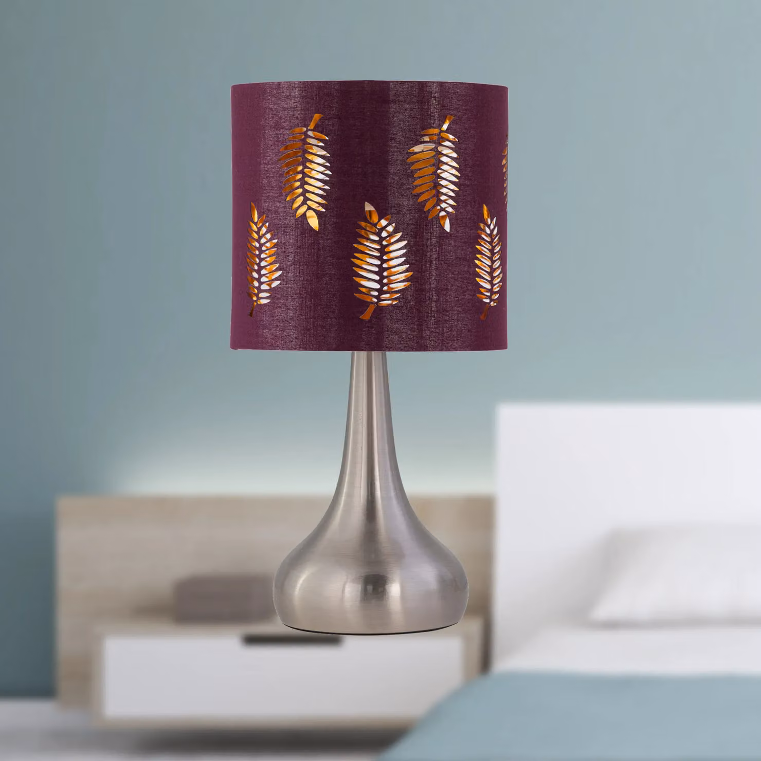 First Choice Lighting Romana Touch Table Lamp in Brushed Chrome with Burgundy Fabric Shade – 2