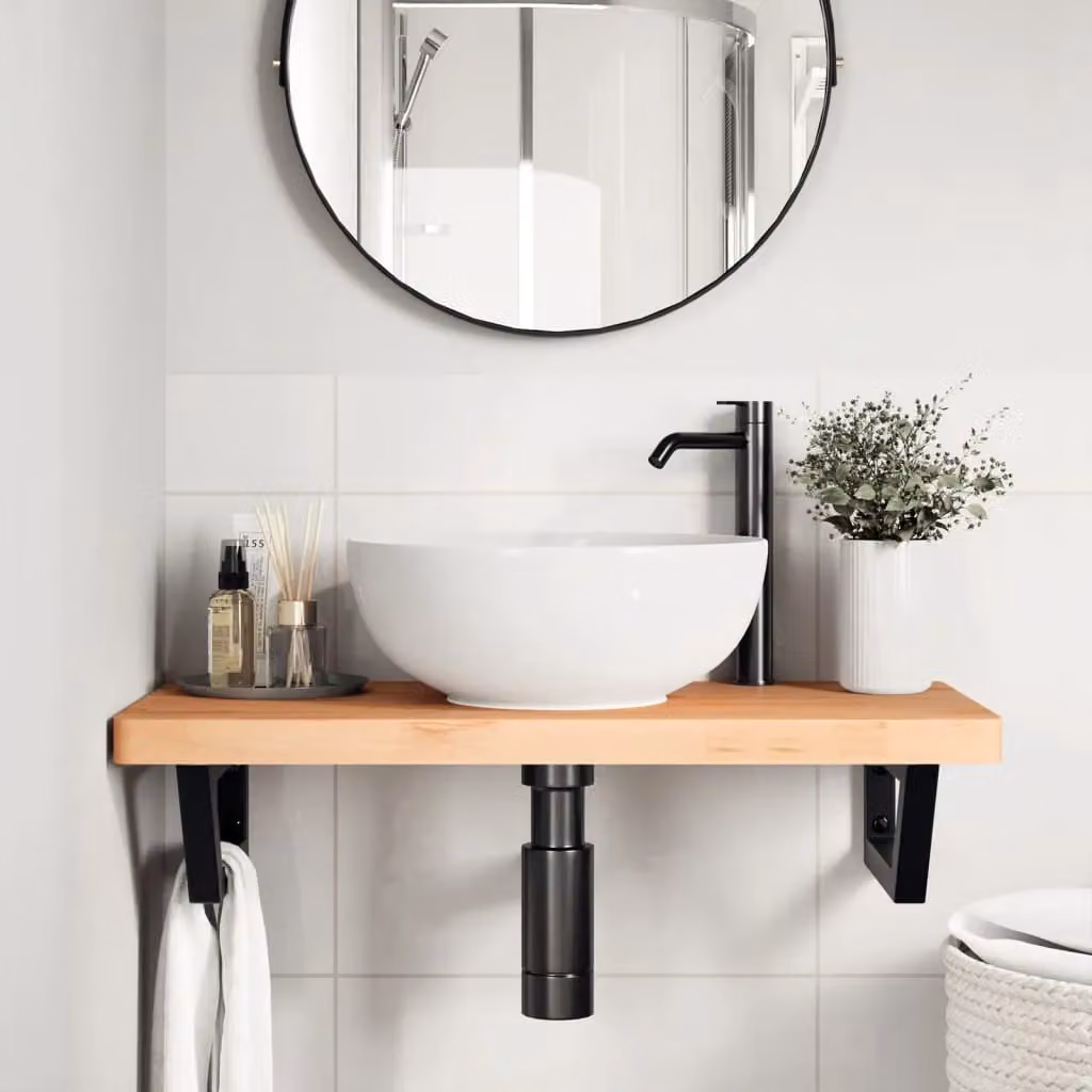 Berkfield Home Wall Mounted Basin Shelf in Brown Beech Wood and Steel – 2