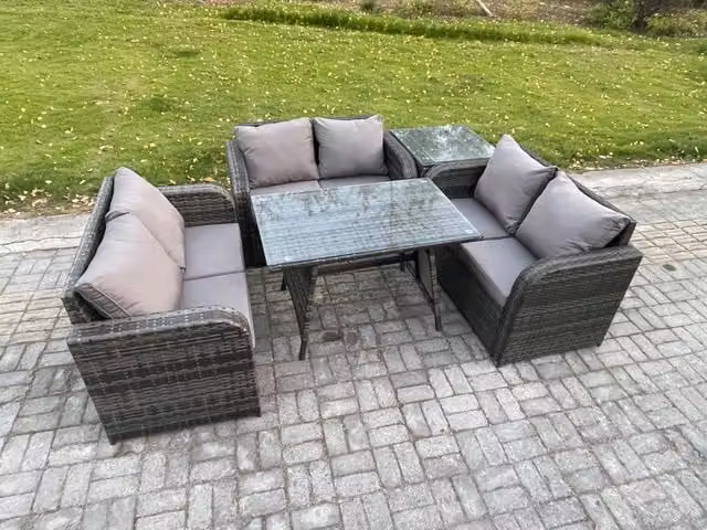 Fimous 6 Seater Rattan Garden Furniture Set with Rectangular Dining Table and Side Table in Dark Grey