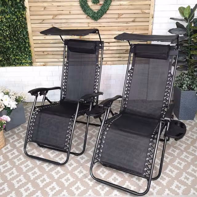 Set of 2 Gravity Sun Loungers with Sun Canopy in Black with Textilene Fabric and Powder Coated Steel Frame