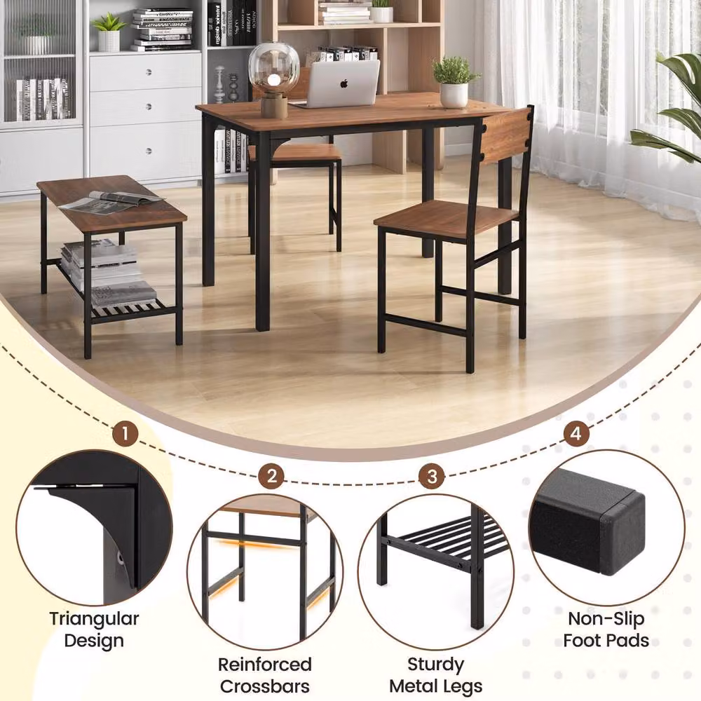 Costway 4-Piece Industrial Dining Table Set with Bench and Chairs in Brown – 7