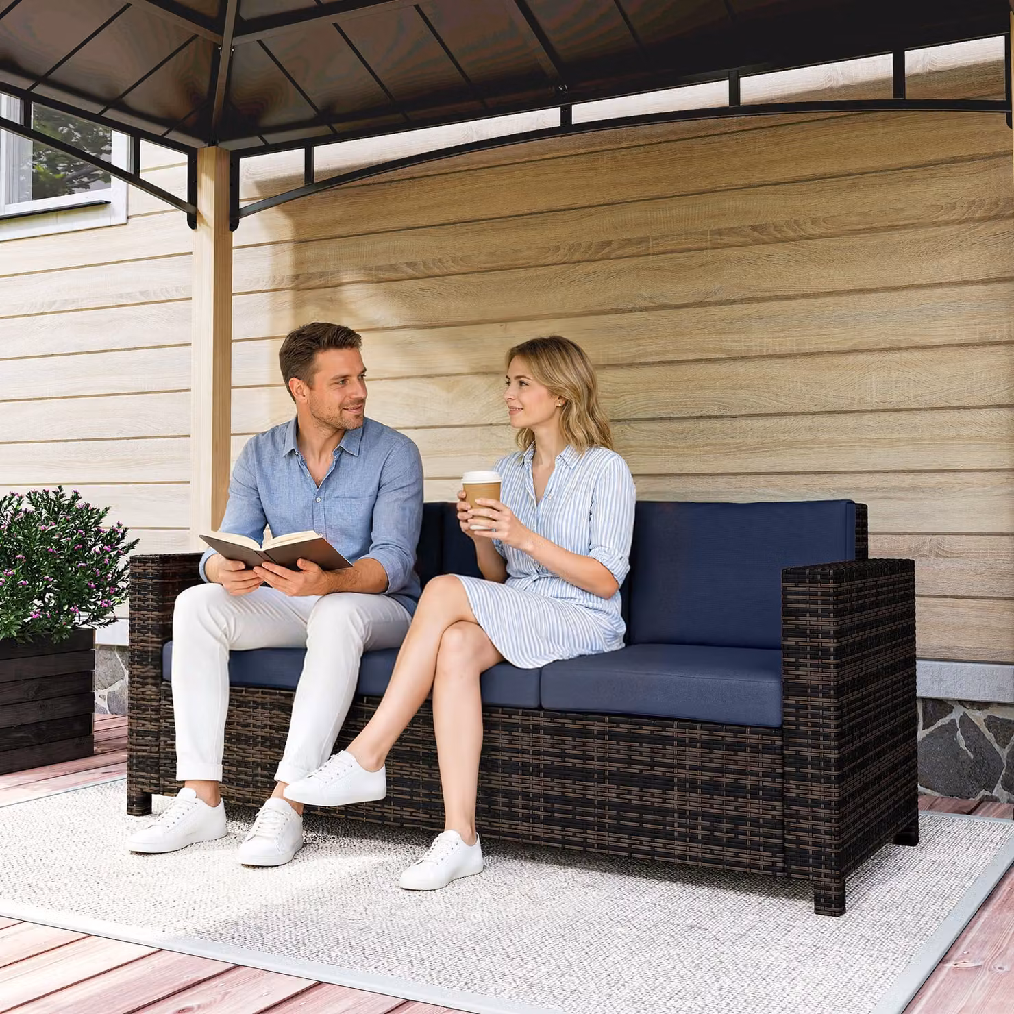 Outsunny 3 Seater Rattan Sofa with Powder Coated Steel Frame and Fire Resistant Blue Cushions – 8