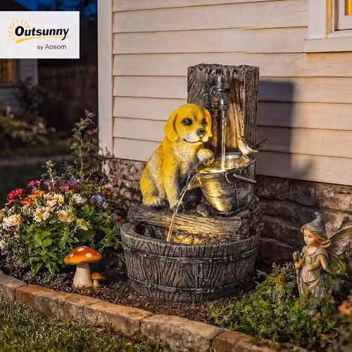 Outsunny Rustic Brown Puppy Design 3-Tier Garden Water Feature Cascade – 2