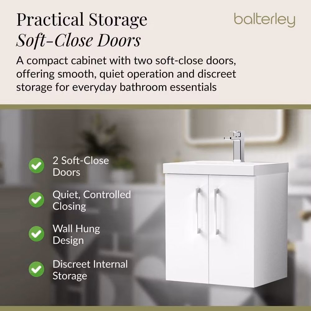 Balterley Modern Wall Hung Bathroom Vanity Unit with 2 Soft Close Doors and Rectangular Mid-Edge Basin, Gloss White, W: 51.0 cm, D: 39.0 cm, H: 57.9 cm – 2