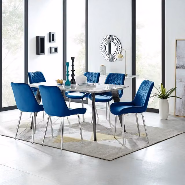 FurnitureboxUK Andria Marble Effect Dining Table with Black Legs and 6 Pesaro Navy Blue Velvet Chairs with Silver Legs – 1