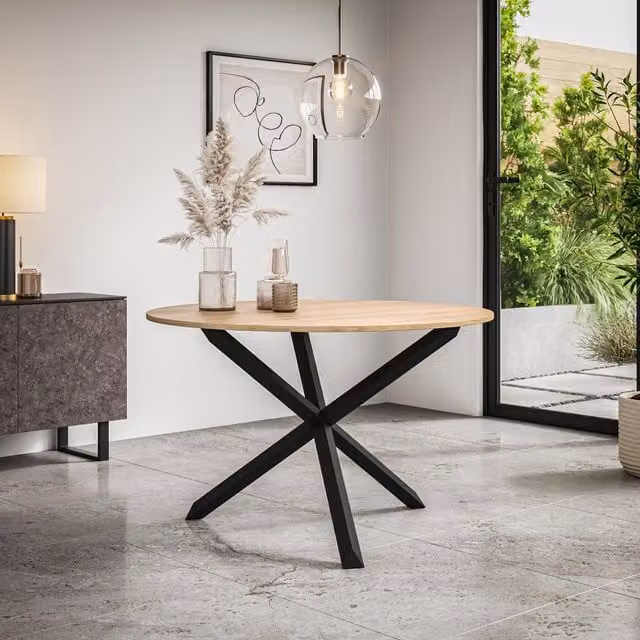 More4Homes Malvern Round Oak Dining Table with Black Legs, Diameter: 120 cm, Height: 75 cm
