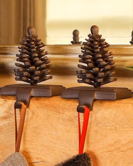 Dibor Set of 2 Cast Iron Pine Cone Decorative Christmas Stocking Holders in Brown