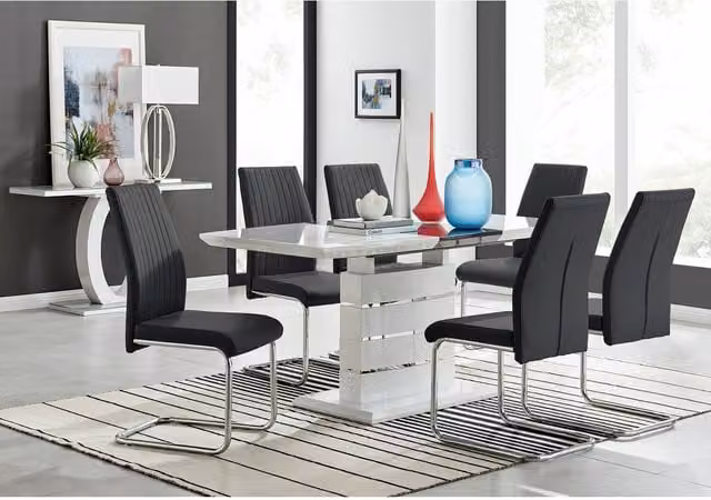 FurnitureboxUK Renato High Gloss Extending Kitchen Dining Table and 6 Lorenzo Chairs in Black