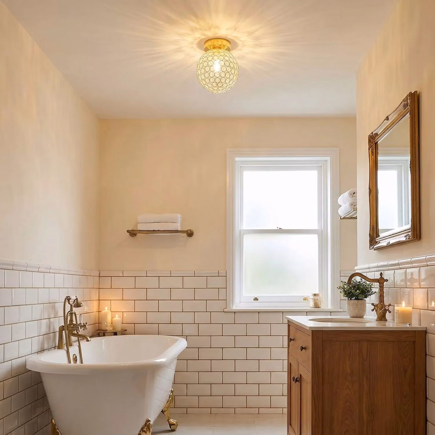 Happy Homewares Modern Gold Metal and Transparent Beaded Glass IP44 Rated Round Bathroom Ceiling Light – 2