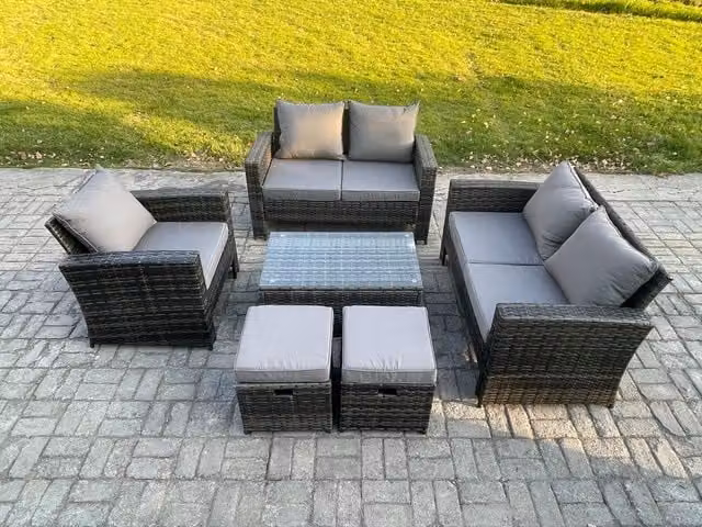 Fimous 7 Seater Rattan Garden Furniture Set with Rectangular Coffee Table and 2 Footstools in Dark Grey