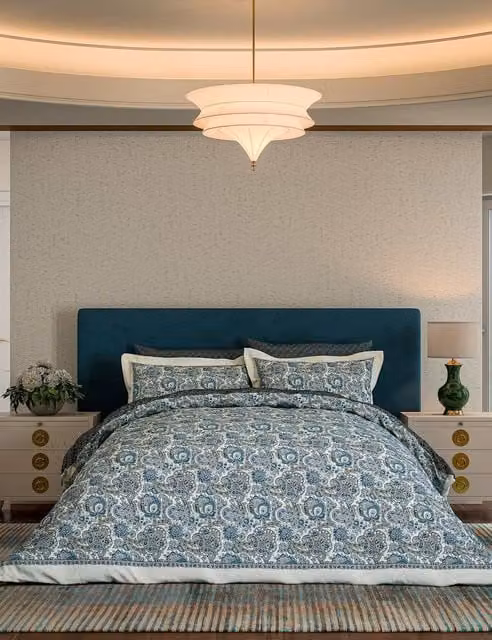 V&A Elysian Floral Cotton Bedding Set, Navy Blue, 200 x 200 cm