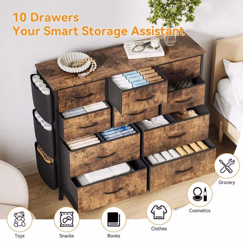 SPETLEK Tall Chest of Drawers with 10 Brown Fabric Drawers – 3