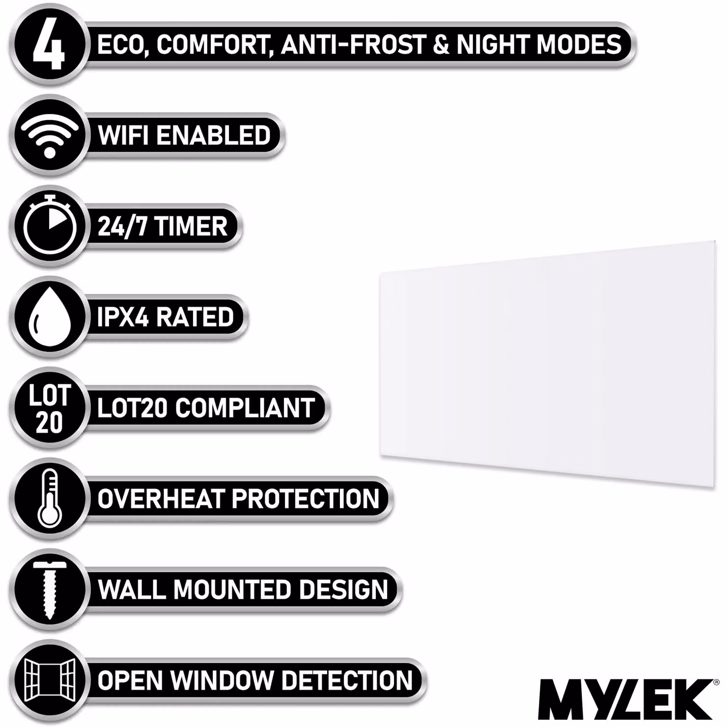 MYLEK 2kW Slimline Electric Panel Convector Heater with WiFi App Control, White, Wall Mounted – 2