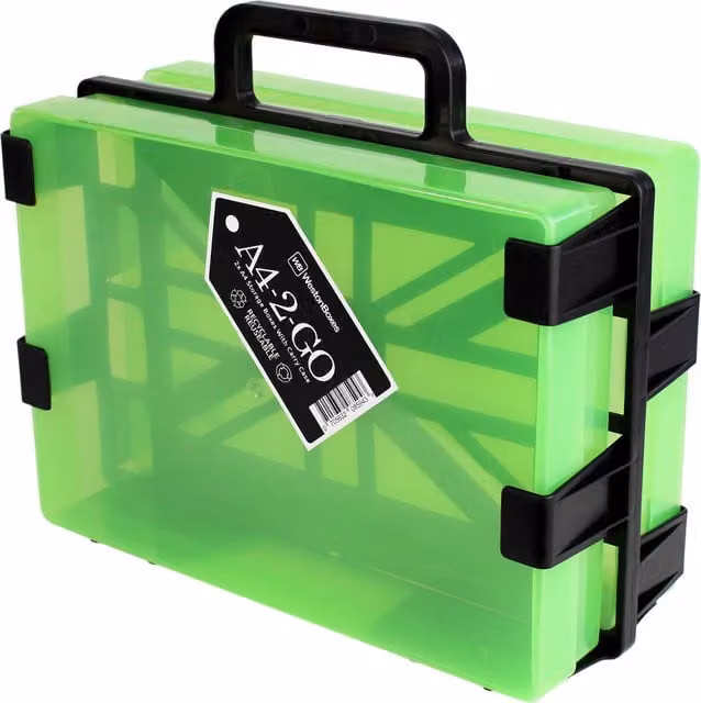 WestonBoxes A4-2-GO Portable Document Box Carrier with 2 Green Plastic Storage Boxes