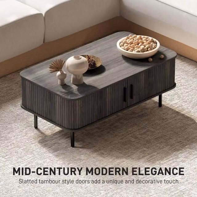 STILVORA Mid-Century Rectangular Coffee Table with Sliding Tambour Doors in Grey, Width: 100 cm – 1