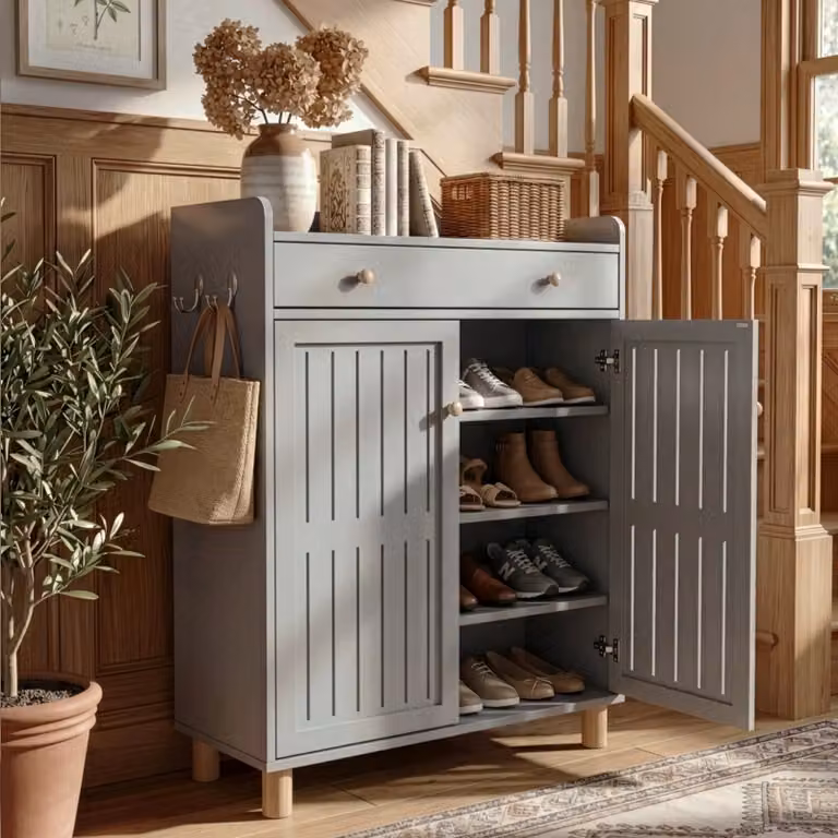 Grey 4-Tier Shoe Storage Cabinet with Hinged Doors and Internal Shelves for Hallways, W/D/H: 75 x 36 x 97 cm