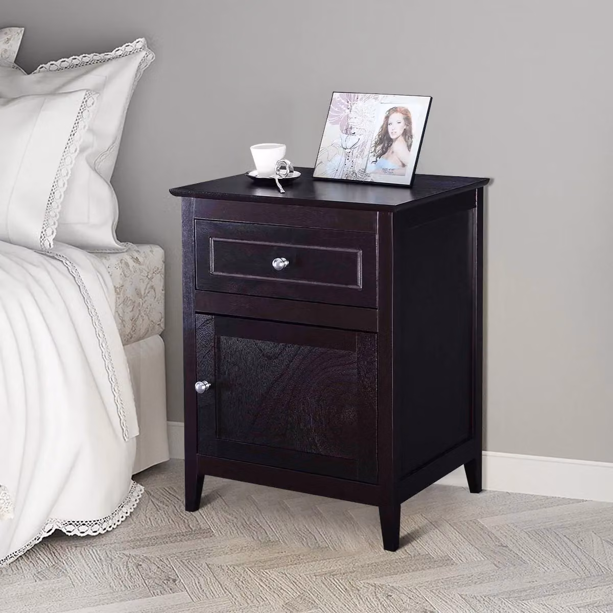 Costway 2-Tier Modern Bedroom Nightstand with Drawer in Black – 2