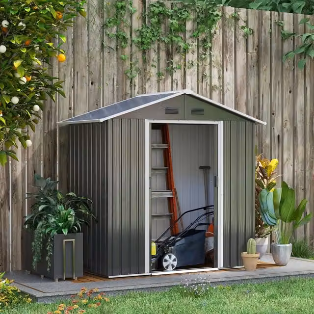 Outsunny Galvanised Steel Metal Garden Storage Shed with Double Sliding Doors and Side Vent in Matt Dark Grey, W: 192 cm, D: 109.7 cm, H: 216 cm