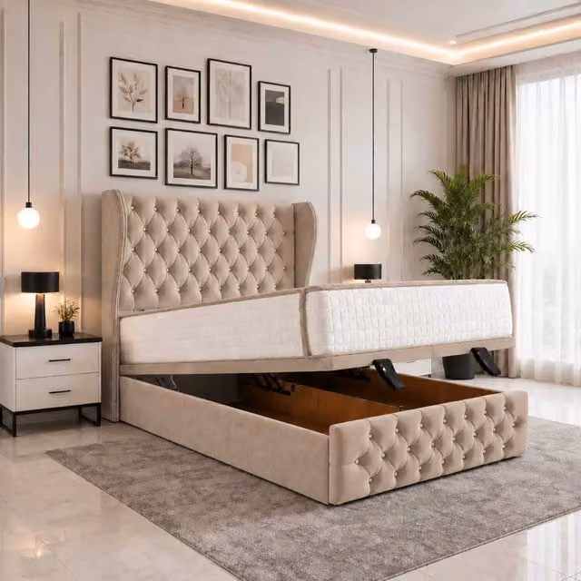 Luvessa Modern Upholstered Ottoman Storage Bed with Wingback Headboard in Beige Fabric