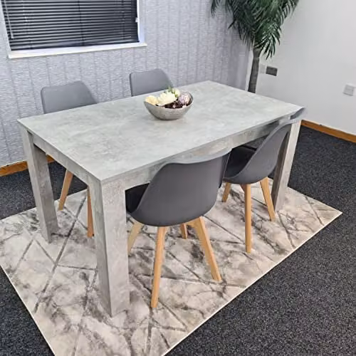 KOSY KOALA Modern Dining Table and 4 Chairs Set, Stone Grey Wood Effect Table with Cream Plastic Chairs, W: 80 cm, L: 140 cm