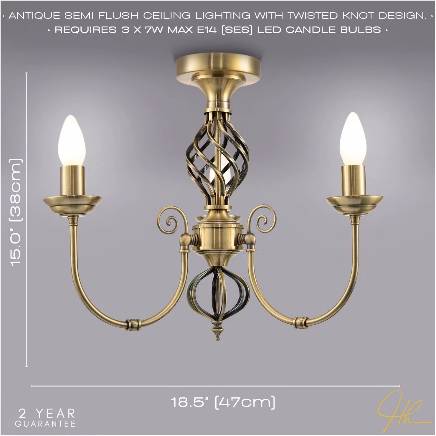 Happy Homewares Traditional Classic Semi Flush Ceiling Chandelier with Twisted Knot in Gold/Brass – 2