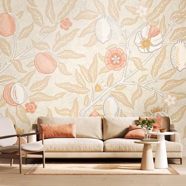 Origin Murals Fruit and Foliage Floral Wall Mural in Pink and Multicolour Soft Linen