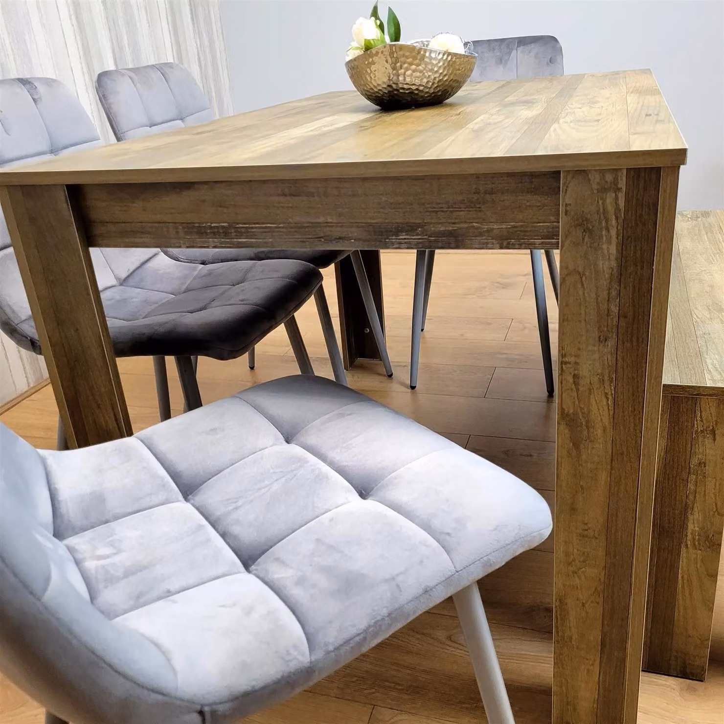 Kosy Koala Modern Rustic Dining Furniture Set with Brown Wooden Table, 4 Grey Velvet Chairs and Bench – 4