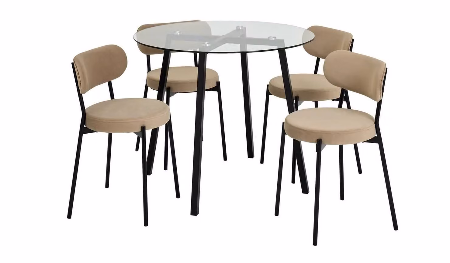 Fyra Black Dining Table and 4 Beige Upholstered Chairs Set with Glass Top and Metal Frame