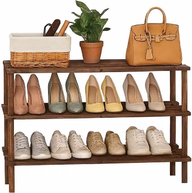 BARGAINS-GALORE 3 Tier Wooden Shoe Rack Footwear Storage Organiser in Dark Brown Oak, W/D/H: 74.0 x 26.5 x 48.5 cm – 1