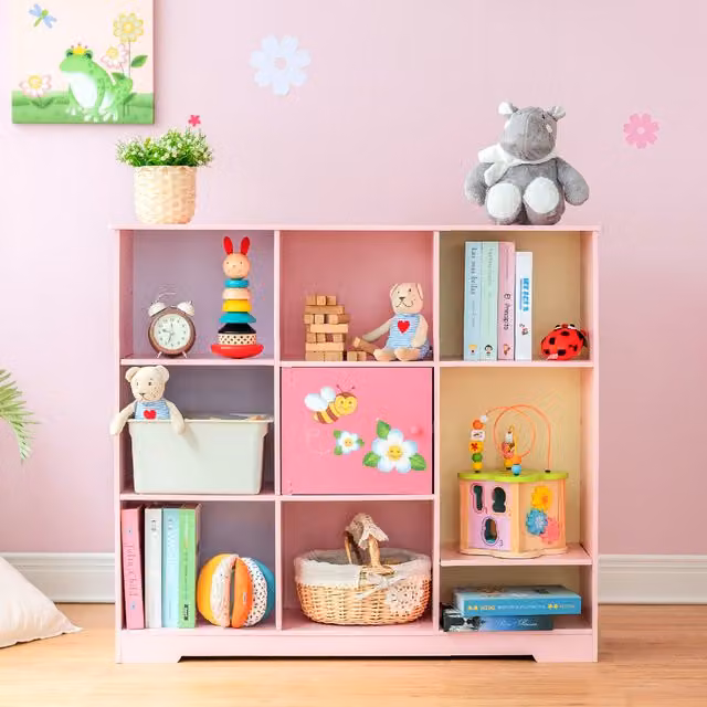 Teamson Kids Magic Garden Pink Wooden Cube Bookcase with Adjustable Shelves and Back Panel